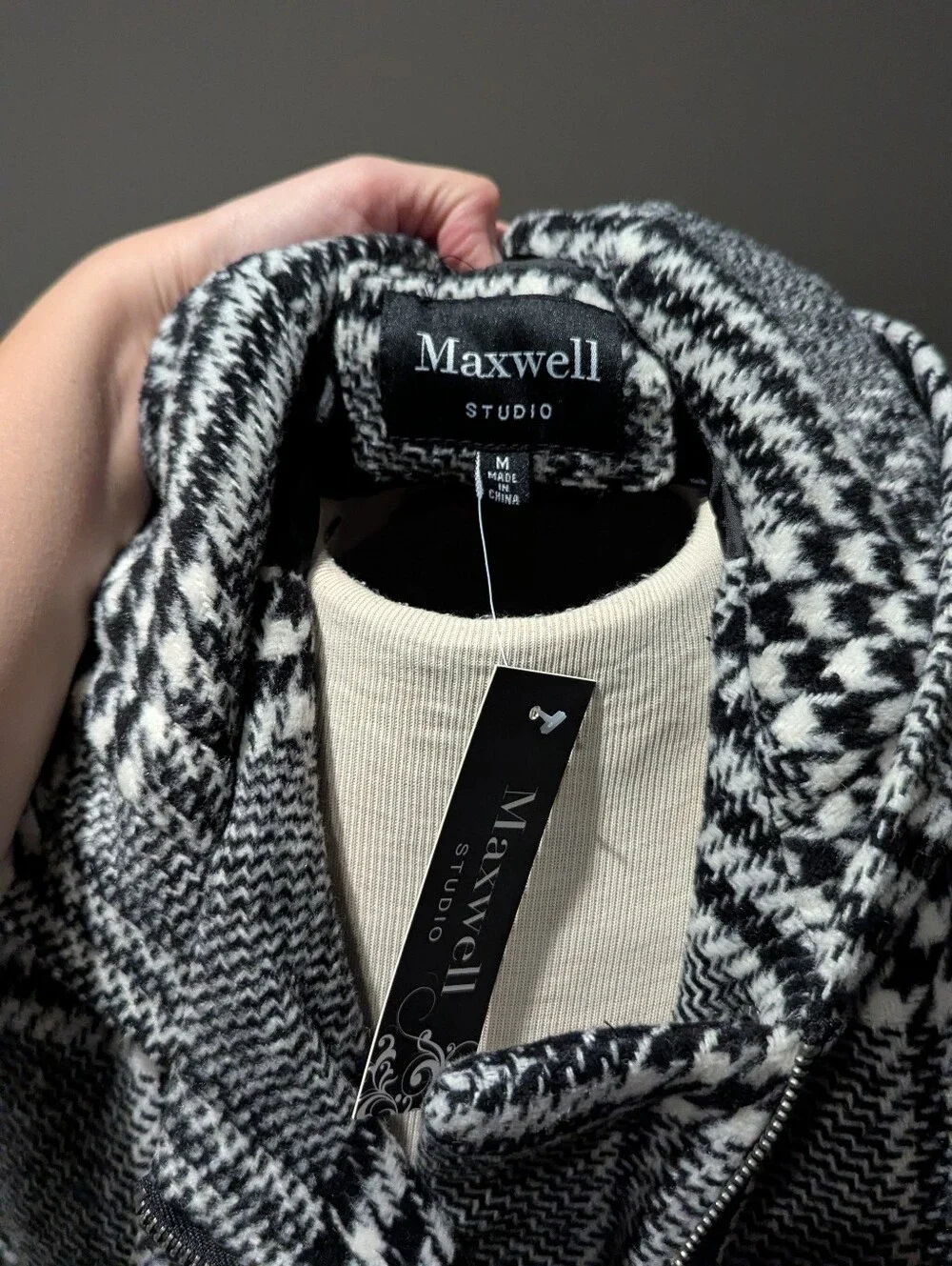 Maxwell Studio Black And White Plaid Peacoat Jacket With Hood - Picture 7 of 14